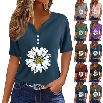 Женская модная повседневная винтажная футболка с v-образным вырезом и коротким рукавом с декоративными пуговицами, топ L чёрный