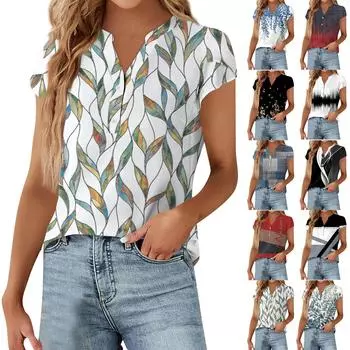 Женская модная повседневная винтажная футболка с v-образным вырезом и коротким рукавом с принтом и декоративными пуговицами, топ L чёрный