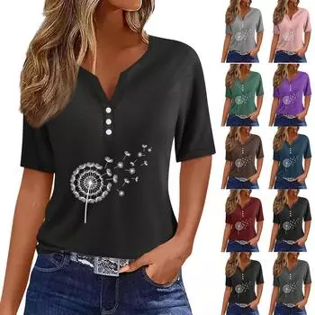 Женская модная повседневная винтажная футболка с v-образным вырезом и коротким рукавом с декоративными пуговицами, топ XXL кофейный