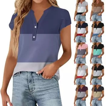 Женская модная повседневная винтажная футболка с v-образным вырезом и коротким рукавом с принтом и декоративными пуговицами, топ L чёрный