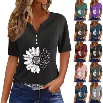 Женская модная повседневная винтажная футболка с v-образным вырезом и коротким рукавом с декоративными пуговицами, топ XXXL