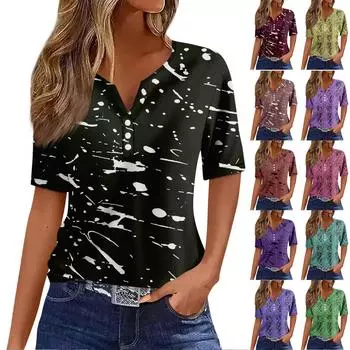 Женская модная повседневная винтажная футболка с v-образным вырезом и коротким рукавом с декоративными пуговицами, топ S