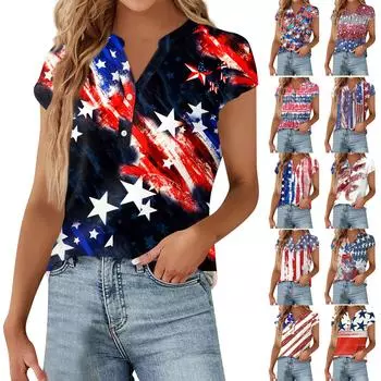 Женская модная повседневная винтажная футболка с v-образным вырезом и принтом ко Дню независимости, с короткими рукавами и декоративными пуговицами, топ L бежевый