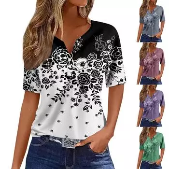 Женская модная повседневная винтажная футболка с v-образным вырезом и коротким рукавом с декоративными пуговицами, топ XL чёрный