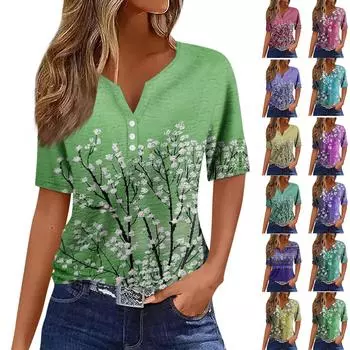 Женская модная повседневная винтажная футболка с v-образным вырезом и коротким рукавом с декоративными пуговицами, топ S