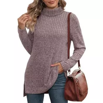 Женская модная повседневная вязаная футболка с высоким воротом и разрезом по бокам, однотонный топ XXL коричневый