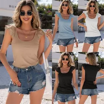 Женская модная повседневная вязаная кружевная лоскутная пуловер с U-образным вырезом без рукавов, маленькая сексуальная футболка