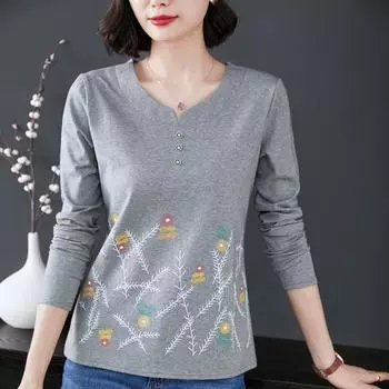 Женская модная принтованная элегантная футболка осенняя повседневная с V-образным вырезом и длинным рукавом тонкая однотонная базовая блузка M синий