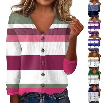 Женская модная принтованная длинная рукава вязаный кардиган куртка на пуговицах L синий