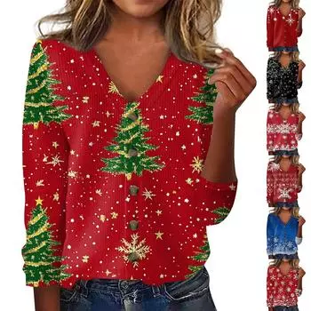 Женская модная принтованная длинная рукава вязаный кардиган куртка на пуговицах L синий