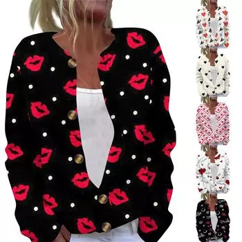 Женская модная принтованная ко Дню святого Валентина трикотажная куртка-кардиган с длинными рукавами на пуговицах XXL чёрный