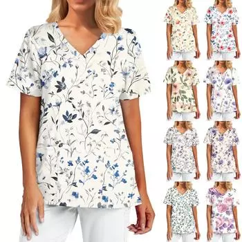 Женская модная принтованная кофточка с коротким рукавом и V-образным вырезом с карманом S