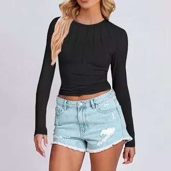 Женская модная приталенная однотонная плиссированная футболка с круглым вырезом и длинными рукавами L чёрный