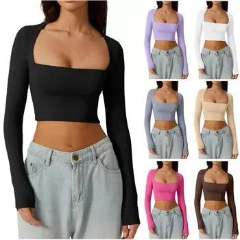 Женская модная приталенная однотонная рубашка с квадратным вырезом, нежная короткая футболка с длинными рукавами, топ