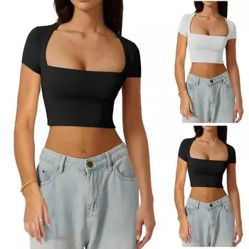 Женская модная приталенная однотонная рубашка с квадратным вырезом, нежная футболка с короткими рукавами, топ L чёрный