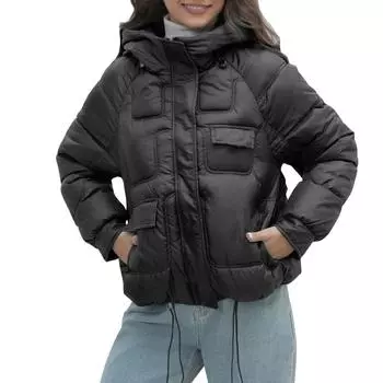 Женская модная яркая цветная хлопковая куртка с воротником-стойкой, длинный рукав, теплая свободная повседневная куртка L чёрный