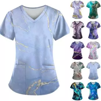 Женская модная рабочая форма с принтом и карманной футболкой с коротким рукавом