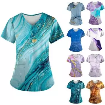 Женская модная рабочая форма с принтом и карманной футболкой с коротким рукавом