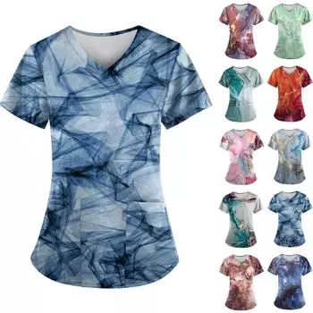 Женская модная рабочая форма с принтом и карманной футболкой с коротким рукавом