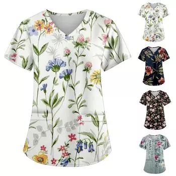 Женская модная рабочая форма с принтом и карманной футболкой с коротким рукавом