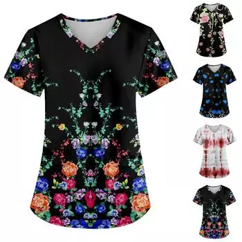 Женская модная рабочая форма с принтом и карманной футболкой с коротким рукавом