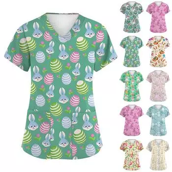 Женская модная рабочая куртка с короткими рукавами и пасхальным принтом, V-образным вырезом и карманом M бежевый