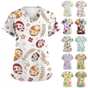 Женская модная рабочая куртка с короткими рукавами и пасхальным принтом, V-образным вырезом и карманом XXXXL белый