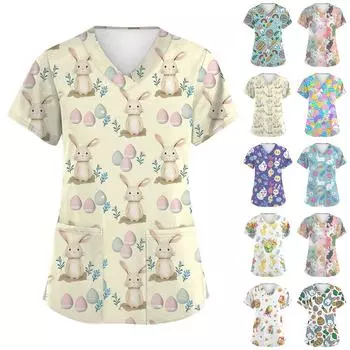 Женская модная рабочая куртка с короткими рукавами и пасхальным принтом, V-образным вырезом и карманом XXXXL жёлтый