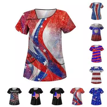 Женская модная рабочая одежда с короткими рукавами с принтом и верхом с двойными карманами L чёрный