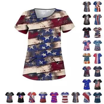 Женская модная рабочая одежда с короткими рукавами с принтом и верхом с двойными карманами L чёрный