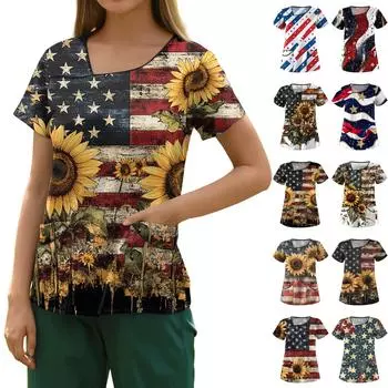 Женская модная рабочая одежда с короткими рукавами с принтом и верхом с двойными карманами L красный