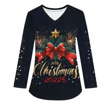 Женская модная рабочая одежда с V-образным вырезом, длинным рукавом и карманом, рождественский принт, футболка, топ L чёрный