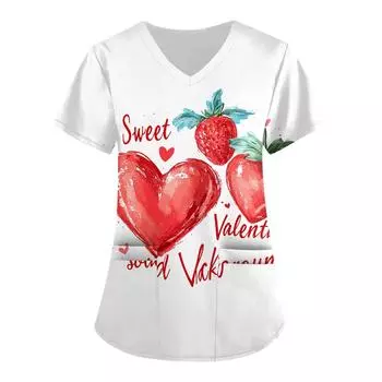 Женская модная рабочая одежда с V-образным вырезом, короткими рукавами и карманами, с принтом ко Дню святого Валентина L бежевый