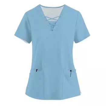 Женская модная рабочая одежда с v-образным вырезом и короткими рукавами, однотонные топы с завязками и карманами и защитная одежда XXL