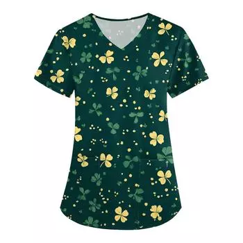 Женская модная рабочая одежда с V-образным вырезом, короткими рукавами и карманами. Верхняя одежда с принтом Патрика L армия зеленый