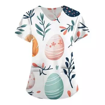 Женская модная рабочая одежда с V-образным вырезом и короткими рукавами, с карманами, с принтом в виде пасхального топа, одежда для ухода L армия зеленый