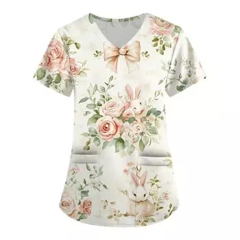 Женская модная рабочая одежда с V-образным вырезом и короткими рукавами, с карманами, с принтом в виде пасхального топа, одежда для ухода L бежевый