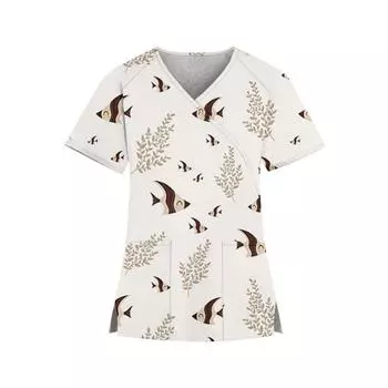 Женская модная рабочая одежда с v-образным вырезом и принтом, короткими рукавами и карманами, топы XL хаки