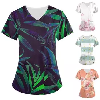 Женская модная рабочая одежда с v-образным вырезом и короткими рукавами с принтом бабочки и топами с карманами S мятный зеленый