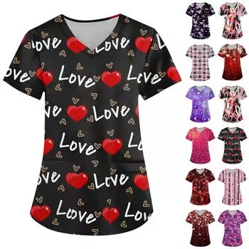 Женская модная рабочая одежда с v-образным вырезом, коротким рукавом и карманом с принтом ко Дню святого Валентина L чёрный