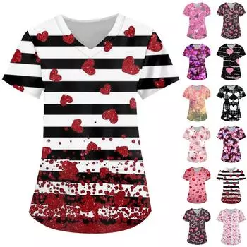 Женская модная рабочая одежда с v-образным вырезом, коротким рукавом и карманом с принтом ко Дню святого Валентина L разноцветный