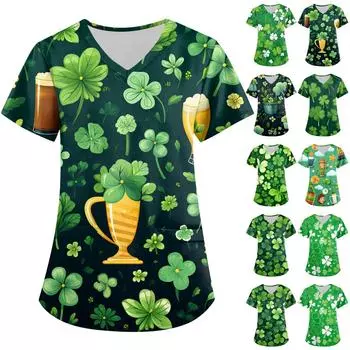 Женская модная рабочая одежда с v-образным вырезом, короткими рукавами и карманами St. Топы с принтом ко Дню Святого Патрика L