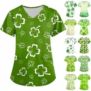 Женская модная рабочая одежда с v-образным вырезом, короткими рукавами и карманами St. Топы с принтом ко Дню Святого Патрика L