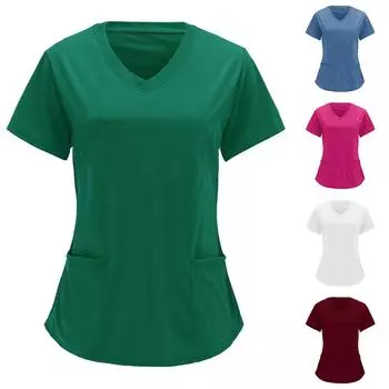 Женская модная рабочая одежда с v-образным вырезом и короткими рукавами, однотонные топы с карманами XXXXL синий