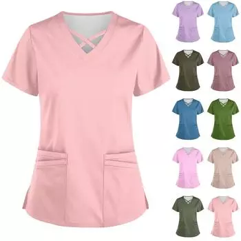 Женская модная рабочая одежда с v-образным вырезом и короткими рукавами, однотонные топы с завязками и карманами и защитная одежда L синий