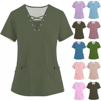 Женская модная рабочая одежда с v-образным вырезом и короткими рукавами, однотонные топы с завязками и карманами и защитная одежда L армия зеленый