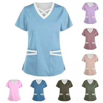 Женская модная рабочая одежда с v-образным вырезом, короткими рукавами, завязками и карманами, топы соответствующего цвета и защитная одежда L синий