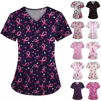 Женская модная рабочая одежда с v-образным вырезом и коротким рукавом с карманной футболкой с принтом. XXXL чёрный