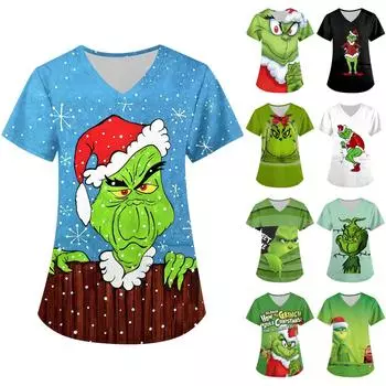 Женская модная рабочая одежда с v-образным вырезом, короткими рукавами и карманами, топы с рождественским принтом L чёрный