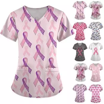 Женская модная рабочая одежда с v-образным вырезом и коротким рукавом с карманной футболкой с принтом. S